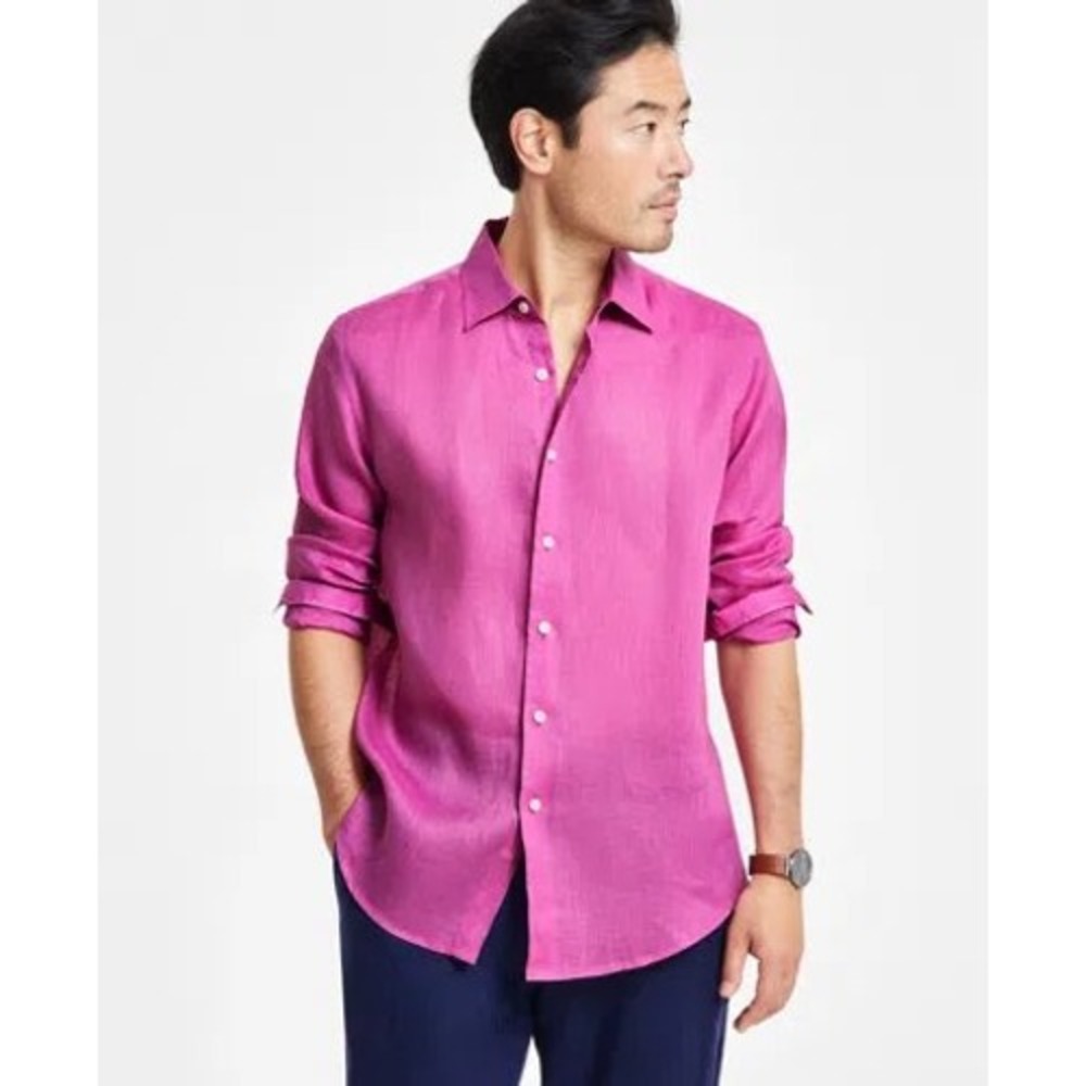 Club Room Mens 100% Linen Shirt Pink Orchid XXL Button Down Resort Coastal NWT
